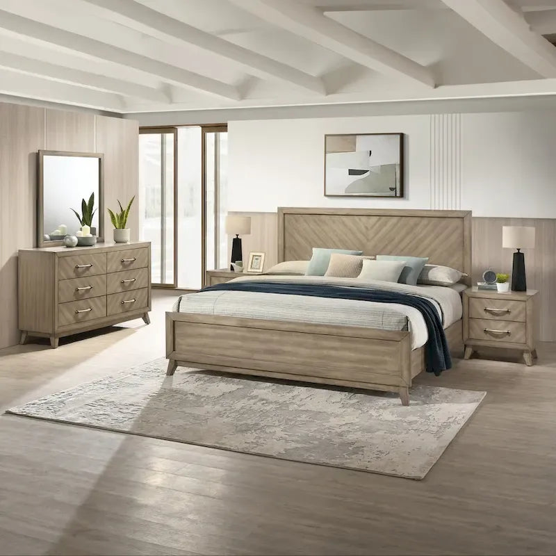 Roundhill Furniture Arena - Ensemble de chambre contemporain en bois : lit à panneau, commode, miroir, table de chevet, chiffonnier, gris antique