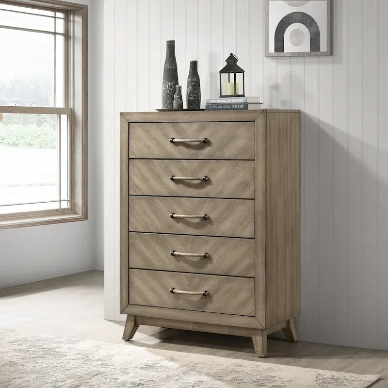 Roundhill Furniture Arena - Ensemble de chambre contemporain en bois : lit à panneau, commode, miroir, table de chevet, chiffonnier, gris antique