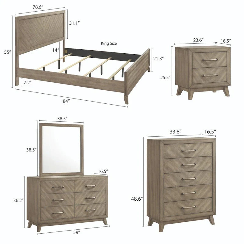 Roundhill Furniture Arena - Ensemble de chambre contemporain en bois : lit à panneau, commode, miroir, table de chevet, chiffonnier, gris antique