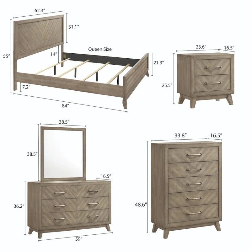 Roundhill Furniture Arena - Ensemble de chambre contemporain en bois : lit à panneau, commode, miroir, table de chevet, chiffonnier, gris antique