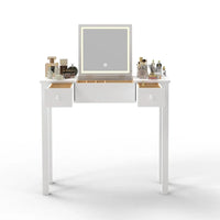 Coiffeuse épurée avec lumières LED, miroir rabattable et 2 tiroirs, rangement à bijoux pour femmes