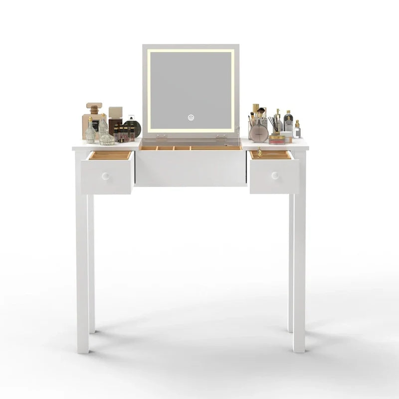 Coiffeuse épurée avec lumières LED, miroir rabattable et 2 tiroirs, rangement à bijoux pour femmes