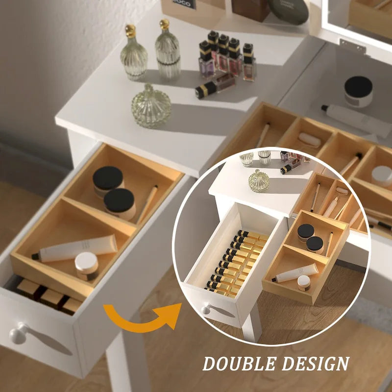 Coiffeuse épurée avec lumières LED, miroir rabattable et 2 tiroirs, rangement à bijoux pour femmes