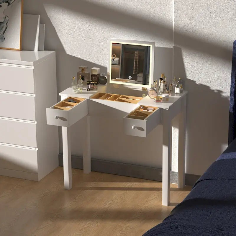 Coiffeuse épurée avec lumières LED, miroir rabattable et 2 tiroirs, rangement à bijoux pour femmes