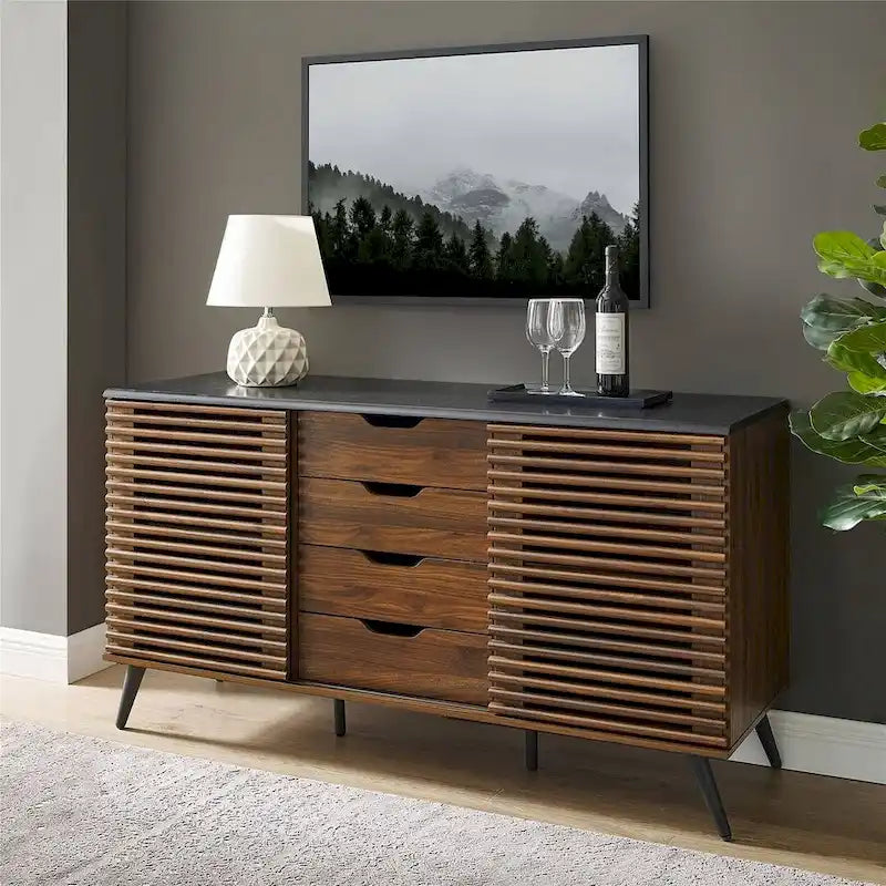 Meuble de rangement moderne avec buffet, meuble TV, 4 tiroirs et 2 portes coulissantes de 150 cm