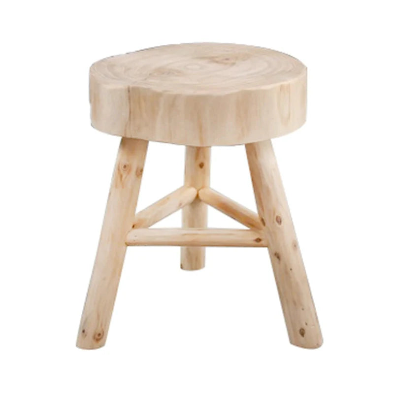 Tabouret en bois 16 H avec dessus rond à bord vif et repose-pieds triangulaire, finition naturelle, parfait pour l'appoint