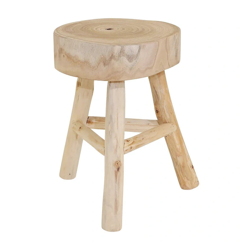 Tabouret en bois 16 H avec dessus rond à bord vif et repose-pieds triangulaire, finition naturelle, parfait pour l'appoint