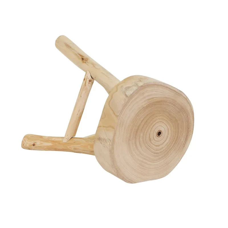 Tabouret en bois 16 H avec dessus rond à bord vif et repose-pieds triangulaire, finition naturelle, parfait pour l'appoint