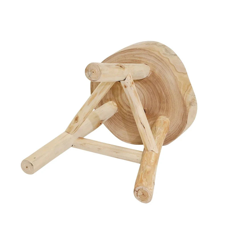 Tabouret en bois 16 H avec dessus rond à bord vif et repose-pieds triangulaire, finition naturelle, parfait pour l'appoint