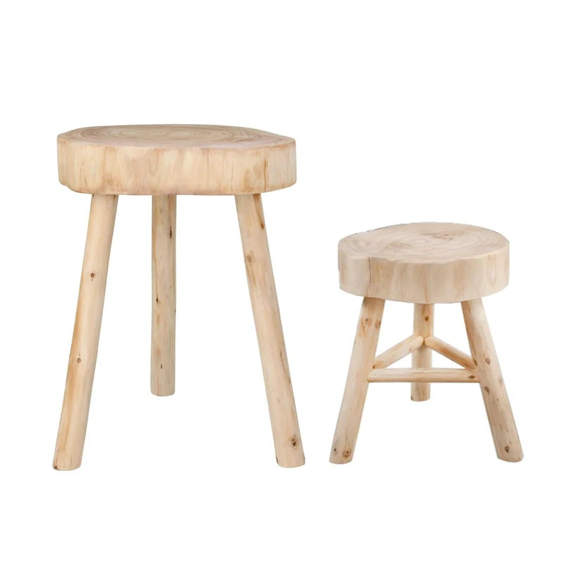 Tabouret en bois 16 H avec dessus rond à bord vif et repose-pieds triangulaire, finition naturelle, parfait pour l'appoint