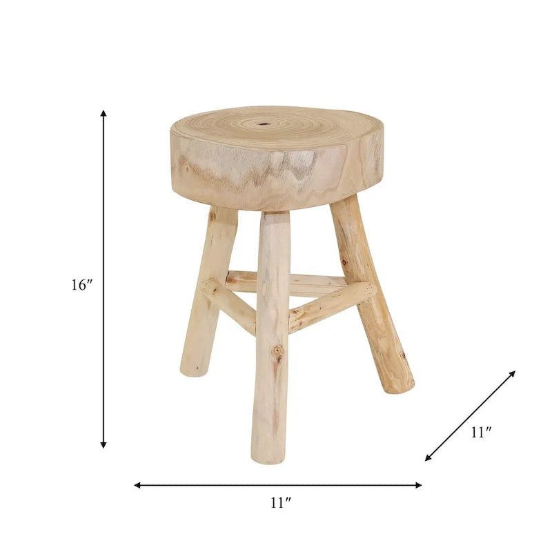 Tabouret en bois 16 H avec dessus rond à bord vif et repose-pieds triangulaire, finition naturelle, parfait pour l'appoint