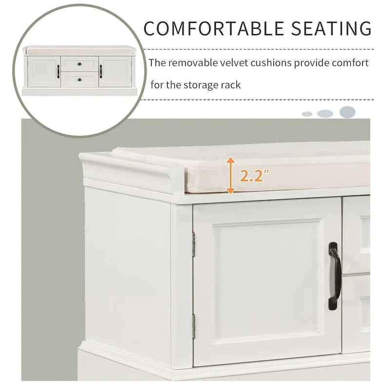 Banc à chaussures de rangement avec 2 tiroirs, 2 armoires et coussin amovible