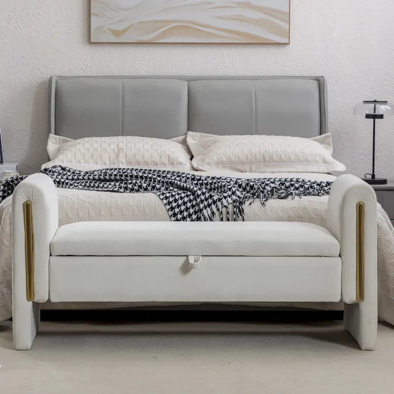Banc de rangement en velours pour chambre avec liseré métallique doré pour salon, chambre, intérieur