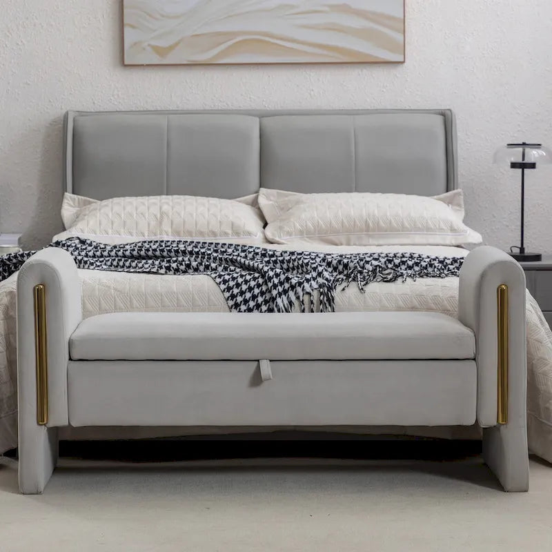 Banc de rangement en velours pour chambre avec liseré métallique doré pour salon, chambre, intérieur