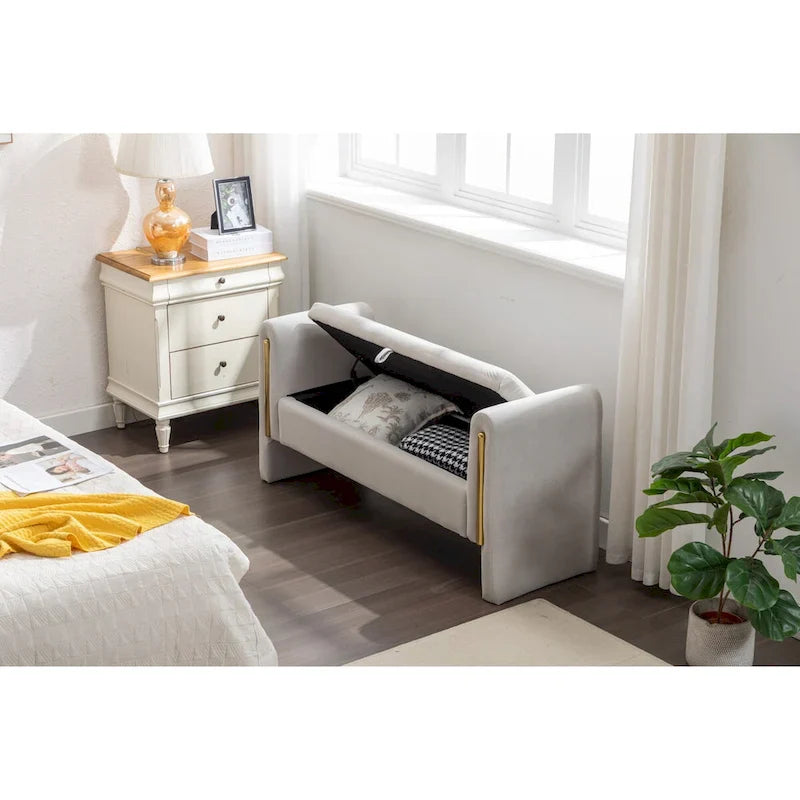 Banc de rangement en velours pour chambre avec liseré métallique doré pour salon, chambre, intérieur