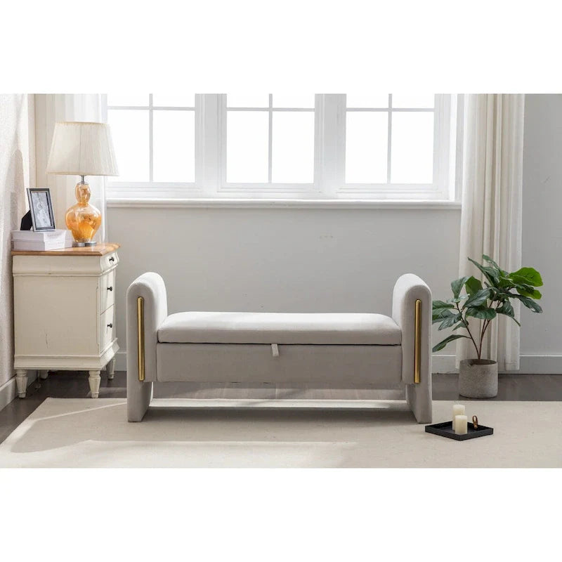 Banc de rangement en velours pour chambre avec liseré métallique doré pour salon, chambre, intérieur