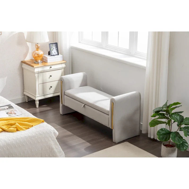 Banc de rangement en velours pour chambre avec liseré métallique doré pour salon, chambre, intérieur