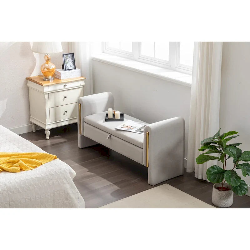 Banc de rangement en velours pour chambre avec liseré métallique doré pour salon, chambre, intérieur