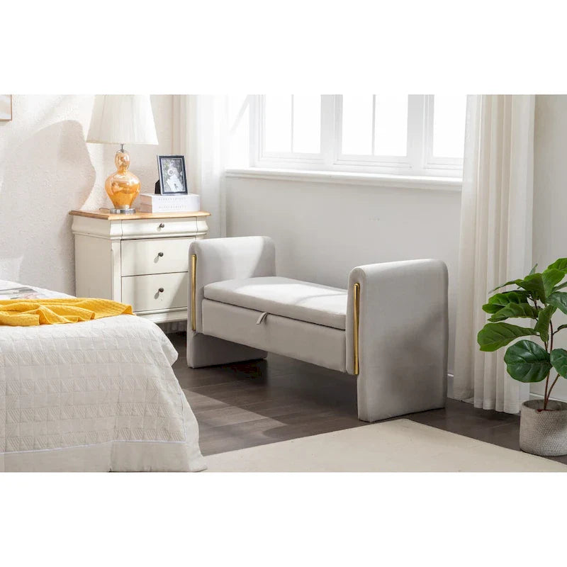 Banc de rangement en velours pour chambre avec liseré métallique doré pour salon, chambre, intérieur