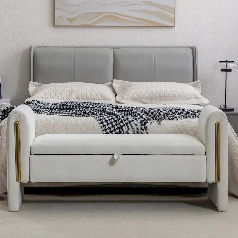 Banc de rangement en velours pour chambre avec liseré métallique doré pour salon, chambre, intérieur