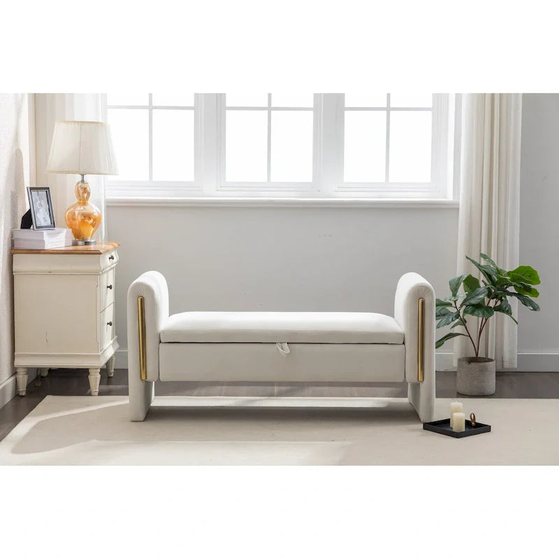 Banc de rangement en velours pour chambre avec liseré métallique doré pour salon, chambre, intérieur