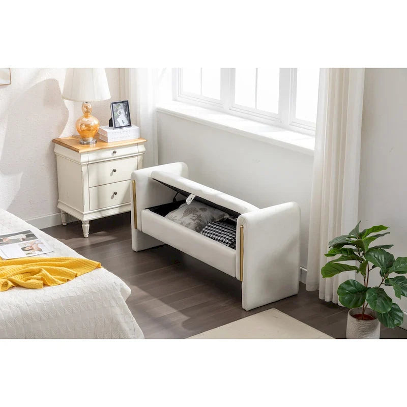 Banc de rangement en velours pour chambre avec liseré métallique doré pour salon, chambre, intérieur