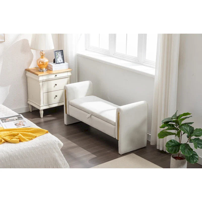 Banc de rangement en velours pour chambre avec liseré métallique doré pour salon, chambre, intérieur