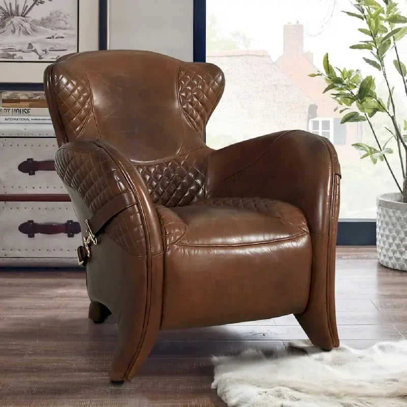 Pasargad Home Aspen - Fauteuil à oreilles en cuir pleine fleur, marron - W31xD34.5xH33.5