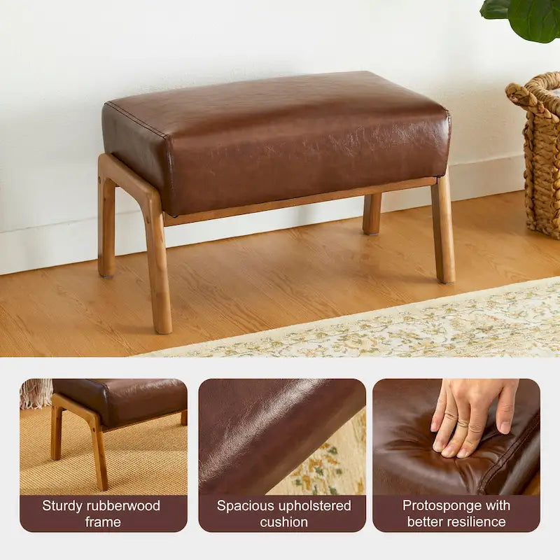 Tabouret d'appoint en similicuir Glitzhome 24,5W avec pieds en hévéa noyer