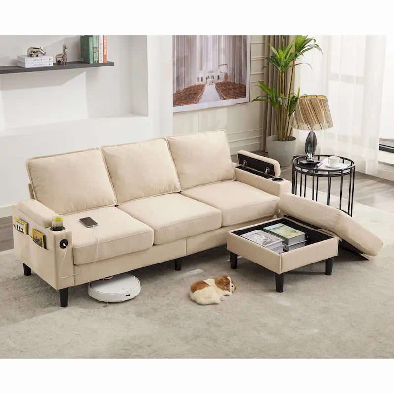 Canapé sectionnel 3 places en forme de L avec ottoman de rangement
