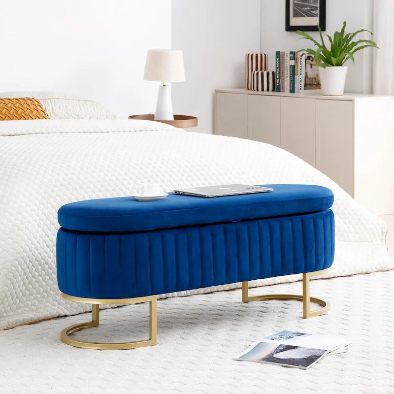 Banc de rangement pour chambre à coucher, banc capitonné ovale en velours pour bout de lit avec pieds en métal doré, banc ottoman de rangement 50