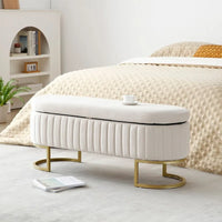 Banc de rangement pour chambre à coucher, banc capitonné ovale en velours pour bout de lit avec pieds en métal doré, banc ottoman de rangement 50