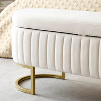 Banc de rangement pour chambre à coucher, banc capitonné ovale en velours pour bout de lit avec pieds en métal doré, banc ottoman de rangement 50