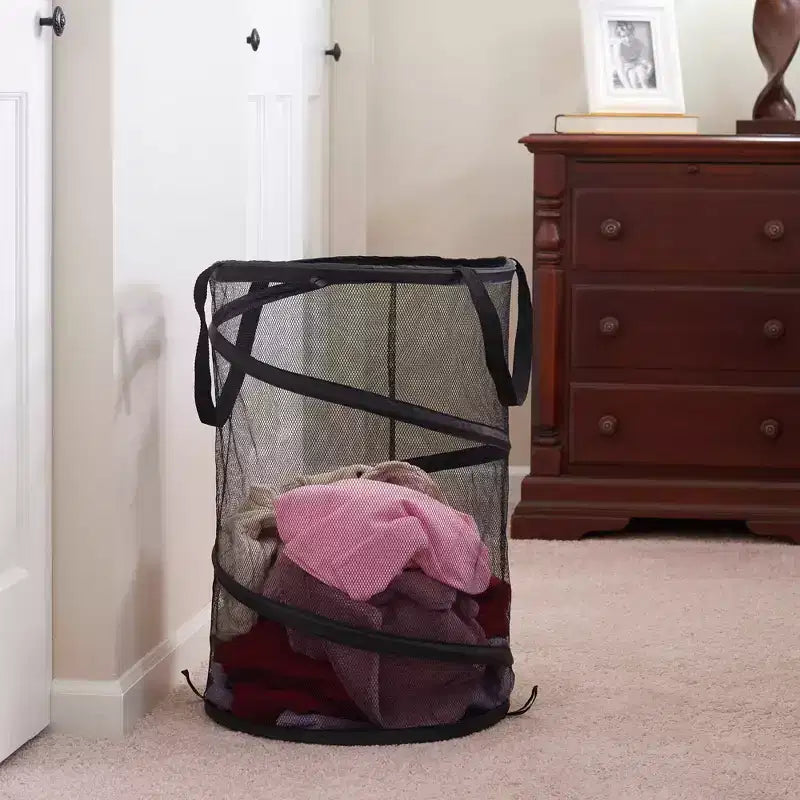 Panier à linge escamotable en maille, cadre en acier à ressort, doublure en maille pour circulation d'air, grande capacité, installation facile, rangement compact