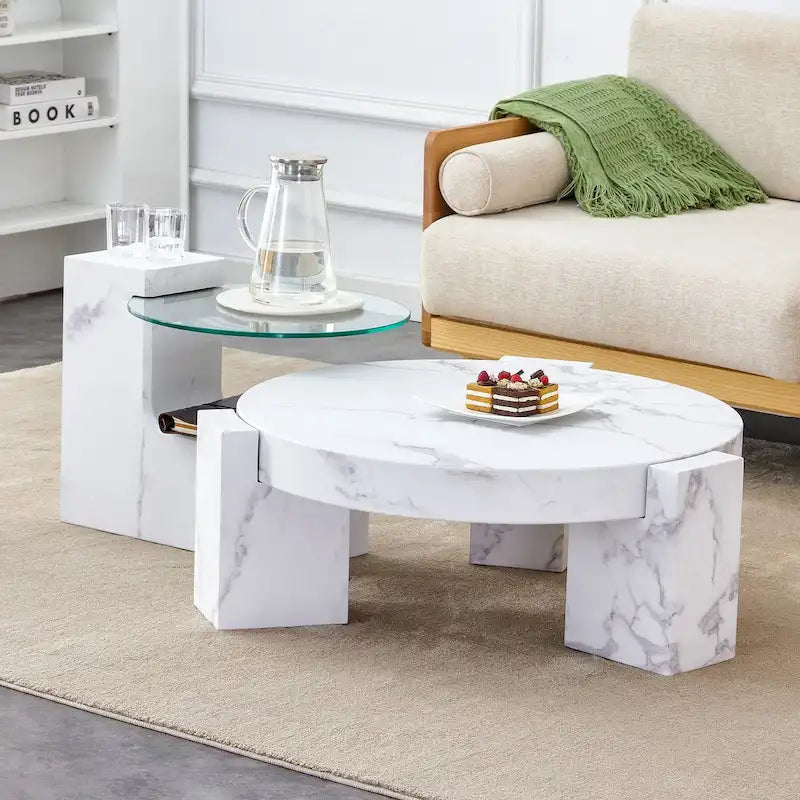 Table basse en MDF texturé marbre avec table d'appoint. Assortie à plusieurs décors adaptée au salon et à la chambre