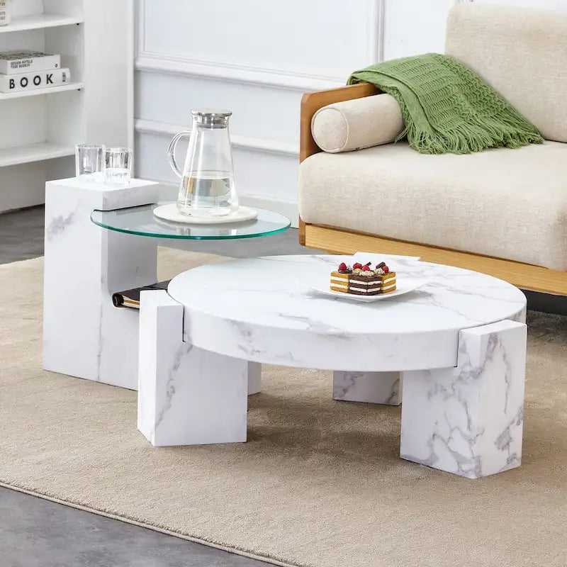 Table basse en MDF texturé marbre avec table d'appoint. Assortie à plusieurs décors adaptée au salon et à la chambre