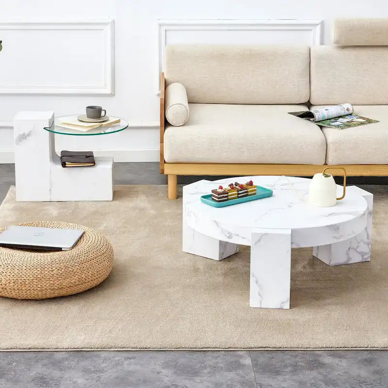 Table basse en MDF texturé marbre avec table d'appoint. Assortie à plusieurs décors adaptée au salon et à la chambre