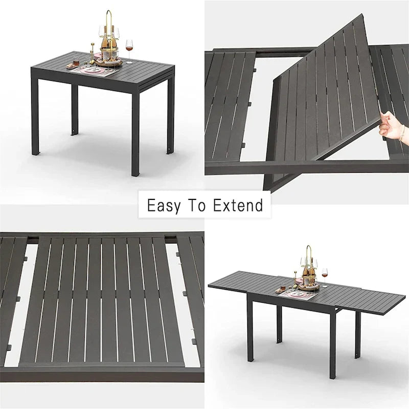 Table à manger extensible de patio 90 po, table d'extérieur en aluminium métallique pour 4 à 8 personnes, table rectangulaire pour bistrot de jardin