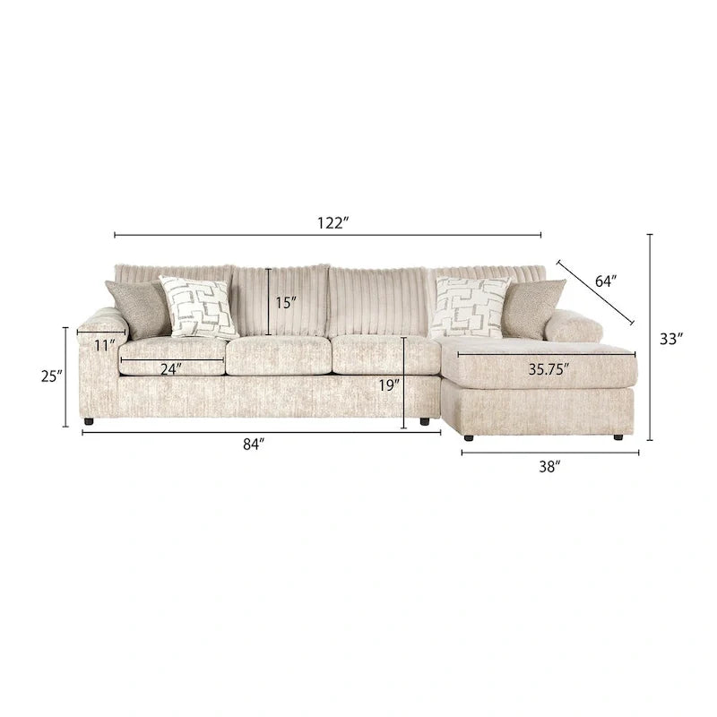 Roundhill Furniture Nason Canapé sectionnel à méridienne en velours côtelé à grosses côtes avec fauteuil et ottoman