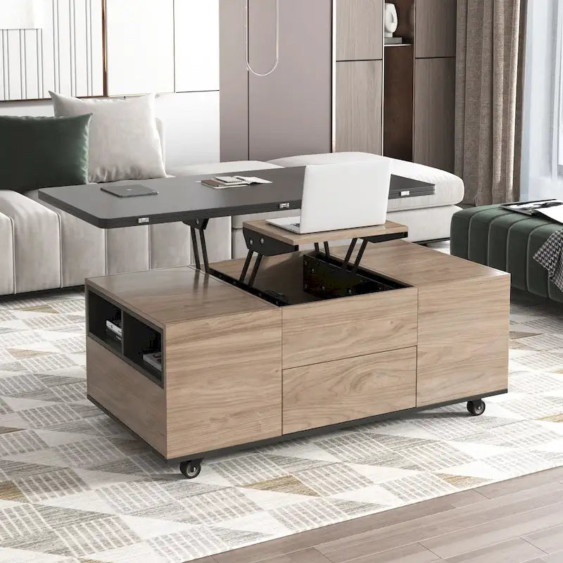 Table basse à plateau relevable moderne noyer et blanc table multifonctionnelle avec tiroirs et étagères