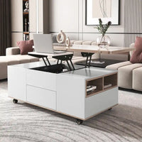 Table basse à plateau relevable moderne noyer et blanc table multifonctionnelle avec tiroirs et étagères