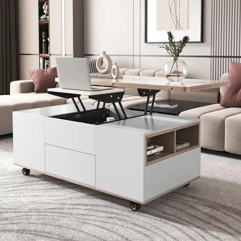 Table basse à plateau relevable moderne noyer et blanc table multifonctionnelle avec tiroirs et étagères