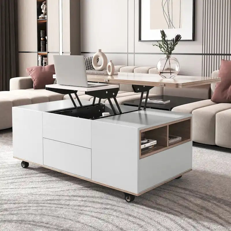 Table basse à plateau relevable moderne noyer et blanc table multifonctionnelle avec tiroirs et étagères