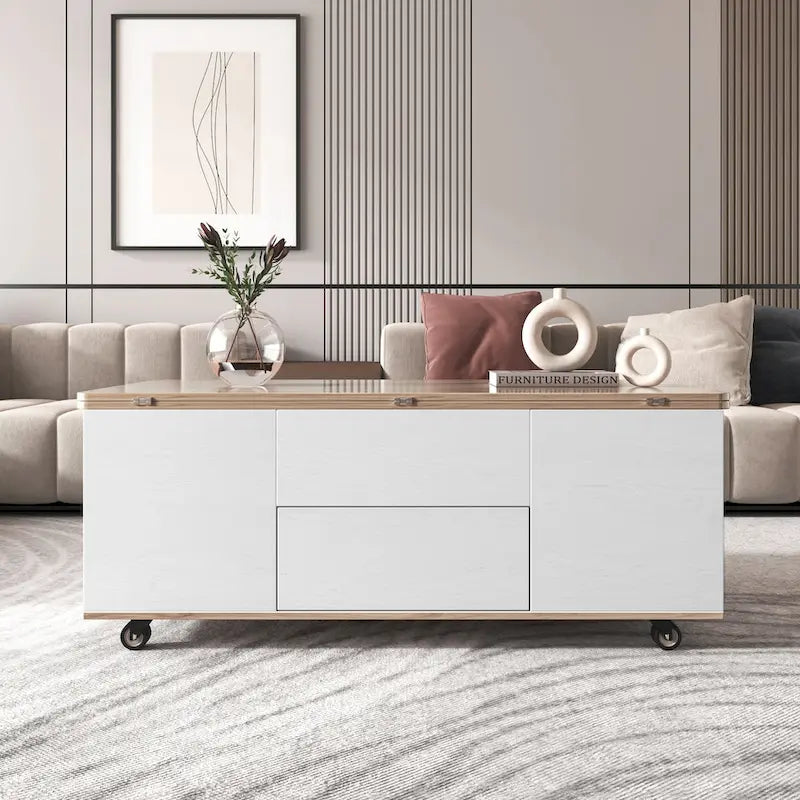 Table basse à plateau relevable moderne noyer et blanc table multifonctionnelle avec tiroirs et étagères
