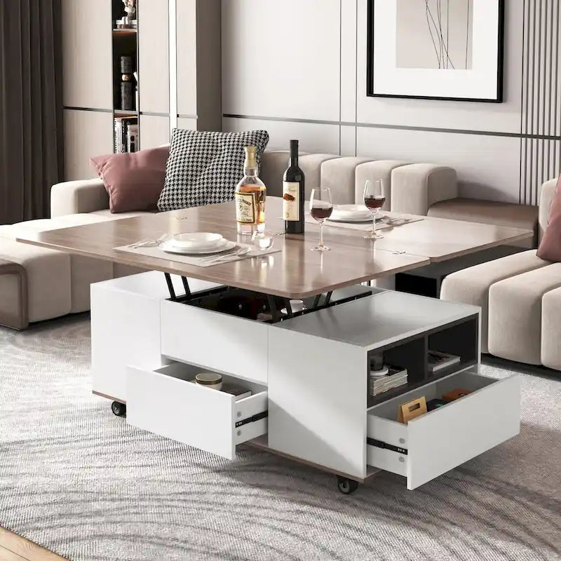 Table basse à plateau relevable moderne noyer et blanc table multifonctionnelle avec tiroirs et étagères