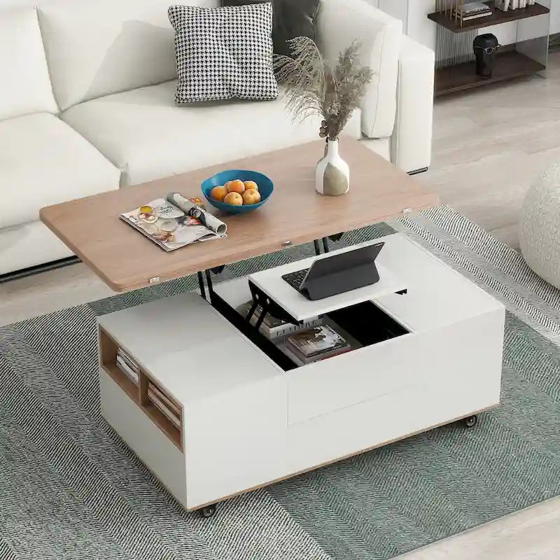 Table basse à plateau relevable moderne noyer et blanc table multifonctionnelle avec tiroirs et étagères