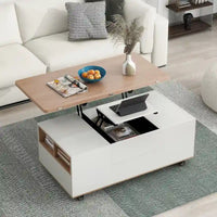 Table basse à plateau relevable moderne noyer et blanc table multifonctionnelle avec tiroirs et étagères