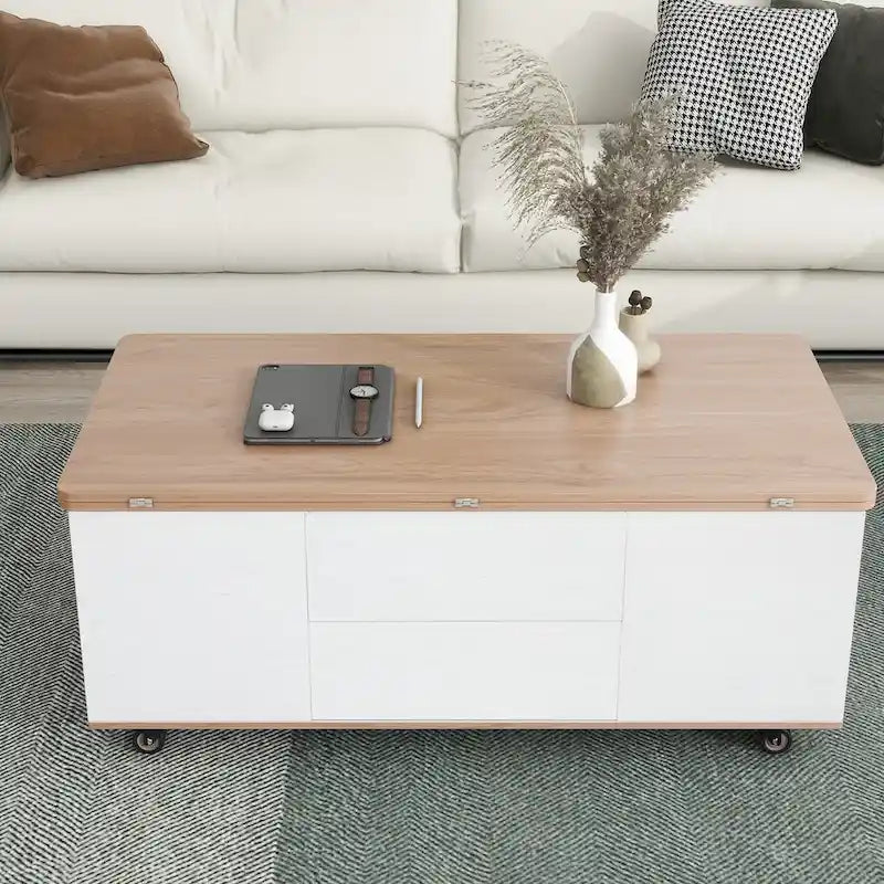 Table basse à plateau relevable moderne noyer et blanc table multifonctionnelle avec tiroirs et étagères