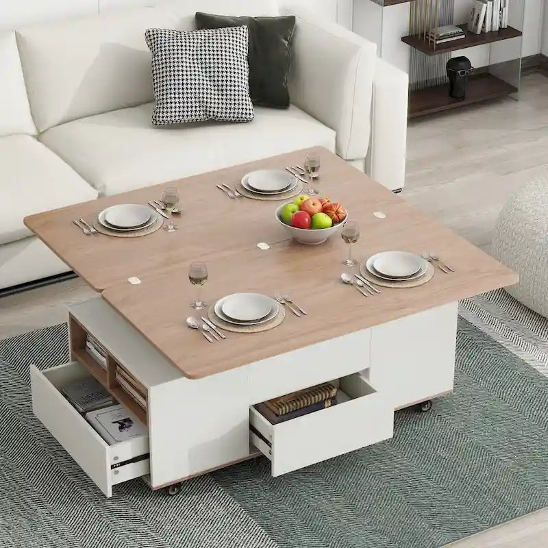 Table basse à plateau relevable moderne noyer et blanc table multifonctionnelle avec tiroirs et étagères
