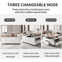 Table basse à plateau relevable moderne noyer et blanc table multifonctionnelle avec tiroirs et étagères